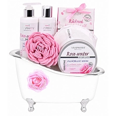 Geschenkkorb mit Kosmetik und Rosenwasser